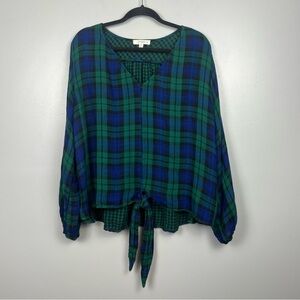 Umgee Green and Blue Plaid Tie-Front Blouse